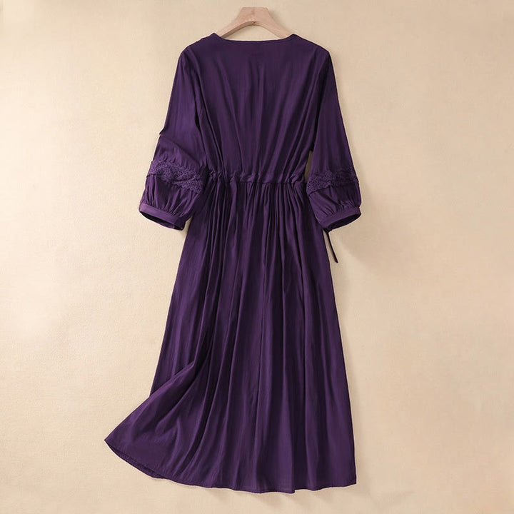 Buddha Stones Summer Solid Color Long Lantern Sleeve Drawstring Cotton Linen Women's Maxi Dress With Pockets