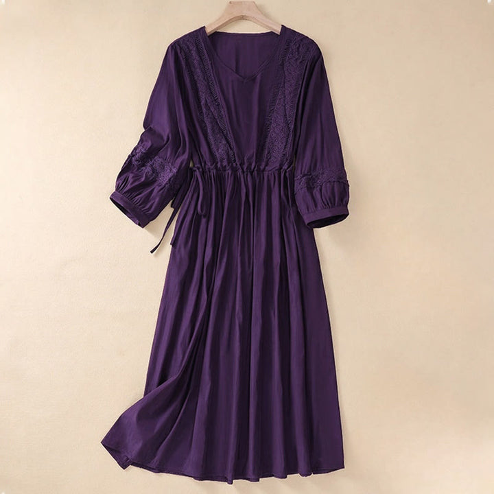 Buddha Stones Summer Solid Color Long Lantern Sleeve Drawstring Cotton Linen Women's Maxi Dress With Pockets