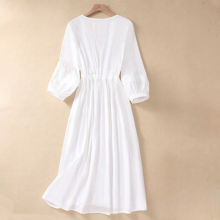Buddha Stones Summer Solid Color Long Lantern Sleeve Drawstring Cotton Linen Women's Maxi Dress With Pockets