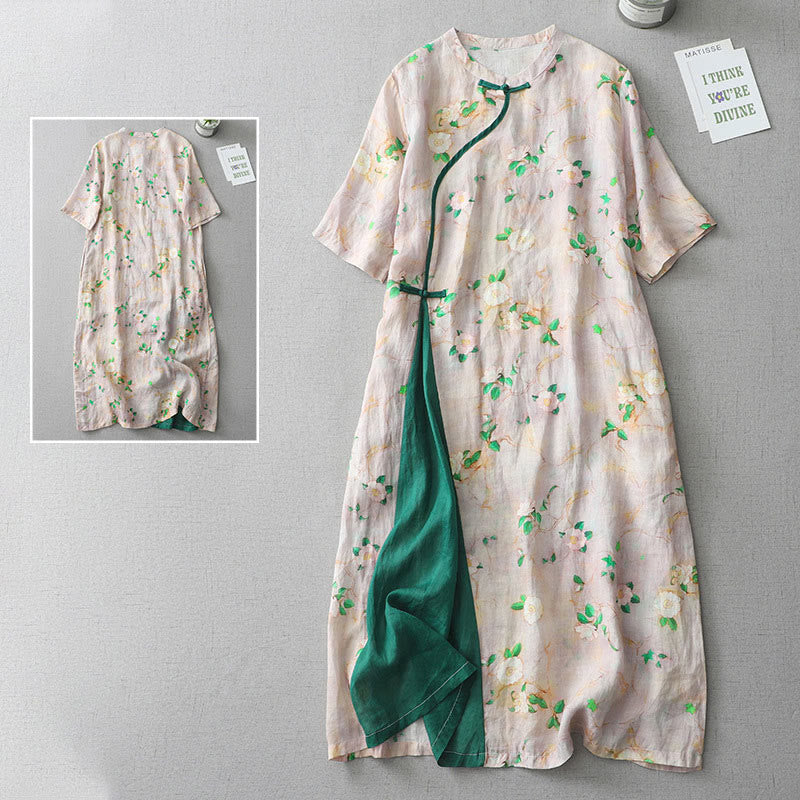 Buddha Stones Casual Flower Pattern Frog-Button Short Sleeve Cotton Linen Women's Maxi Dress With Pockets