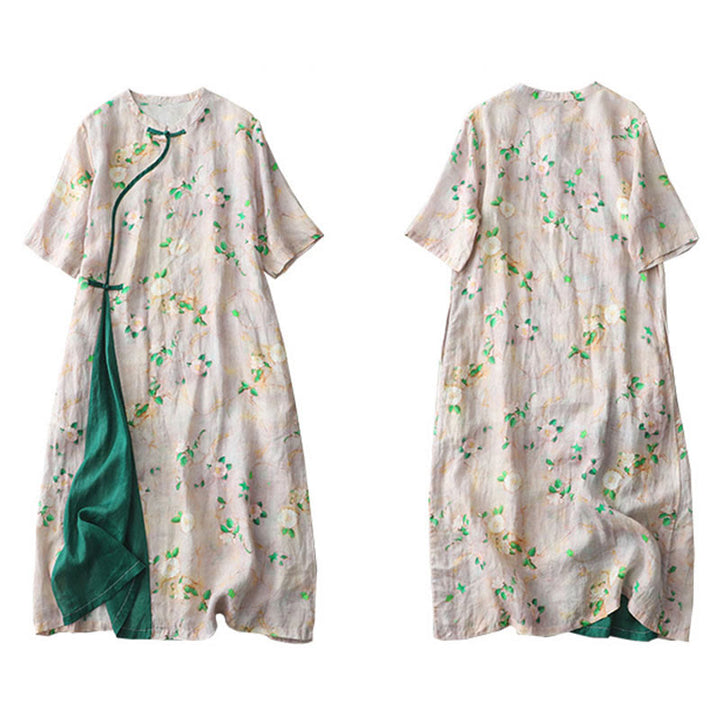 Buddha Stones Casual Flower Pattern Frog-Button Short Sleeve Cotton Linen Women's Maxi Dress With Pockets
