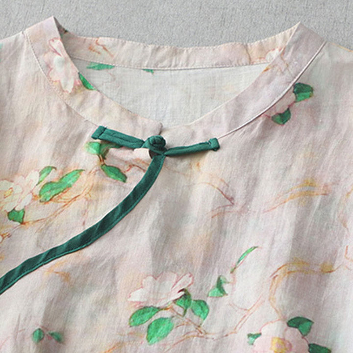 Buddha Stones Casual Flower Pattern Frog-Button Short Sleeve Cotton Linen Women's Maxi Dress With Pockets