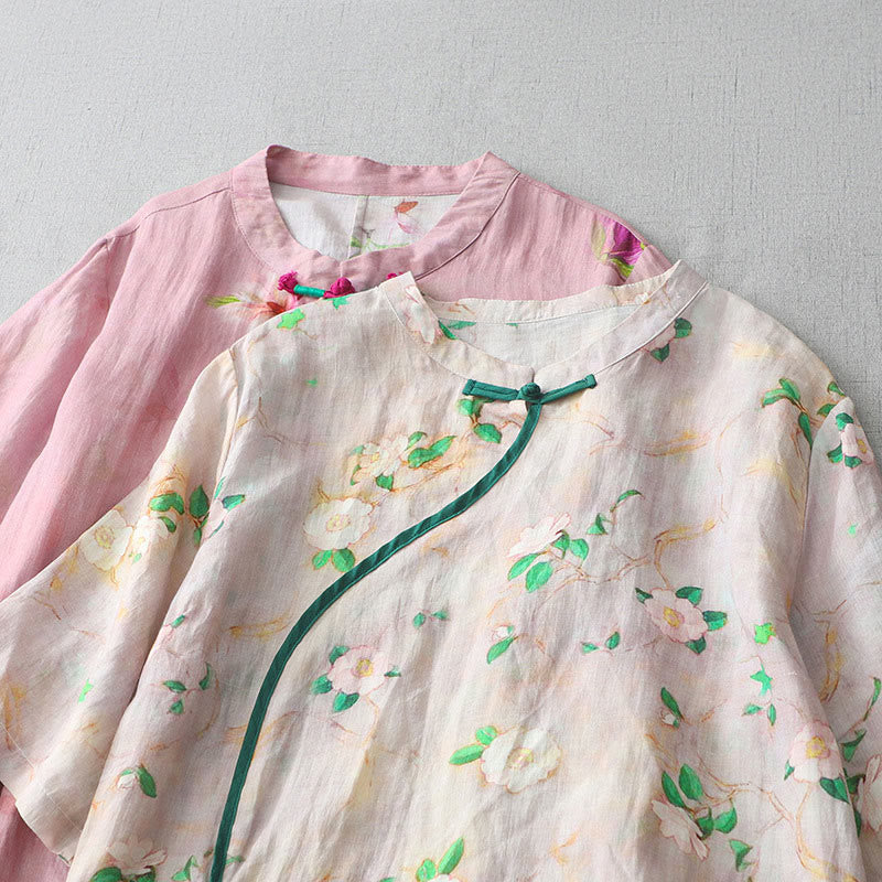 Buddha Stones Casual Flower Pattern Frog-Button Short Sleeve Cotton Linen Women's Maxi Dress With Pockets