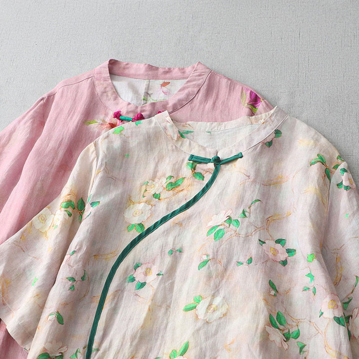 Buddha Stones Casual Flower Pattern Frog-Button Short Sleeve Cotton Linen Women's Maxi Dress With Pockets