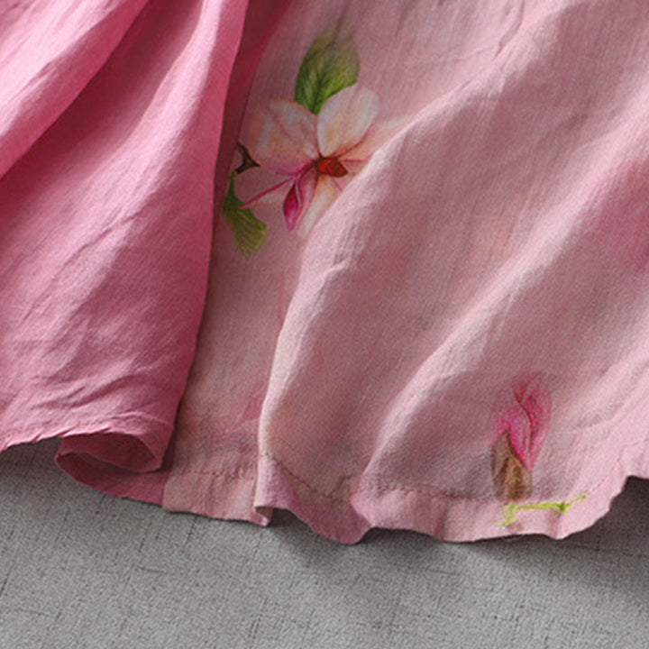 Buddha Stones Casual Flower Pattern Frog-Button Short Sleeve Cotton Linen Women's Maxi Dress With Pockets