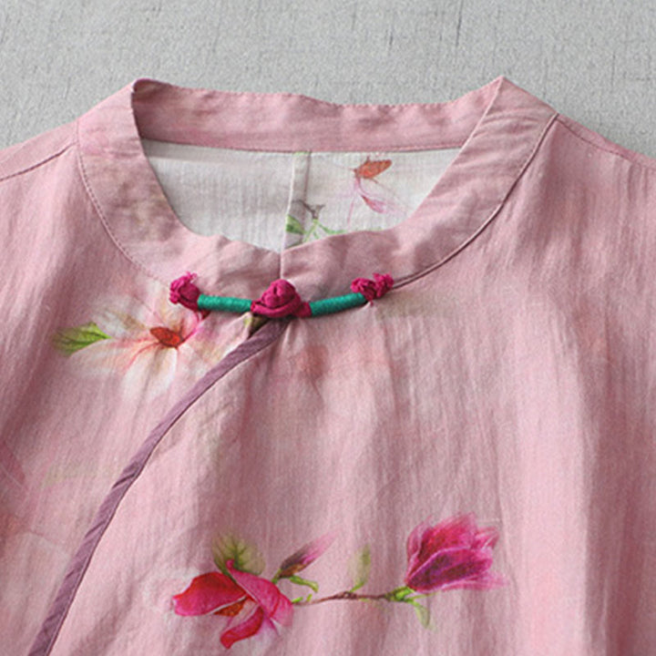 Buddha Stones Casual Flower Pattern Frog-Button Short Sleeve Cotton Linen Women's Maxi Dress With Pockets