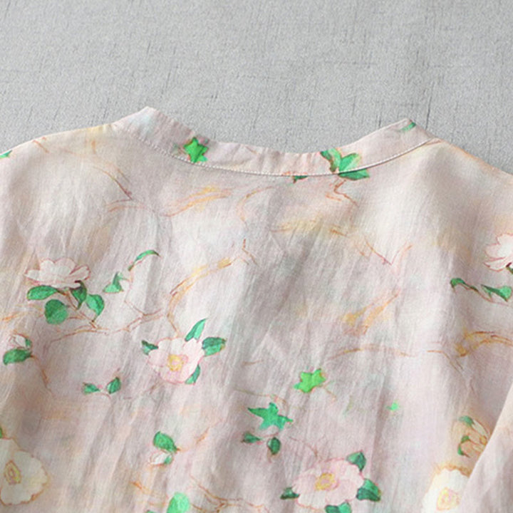 Buddha Stones Casual Flower Pattern Frog-Button Short Sleeve Cotton Linen Women's Maxi Dress With Pockets