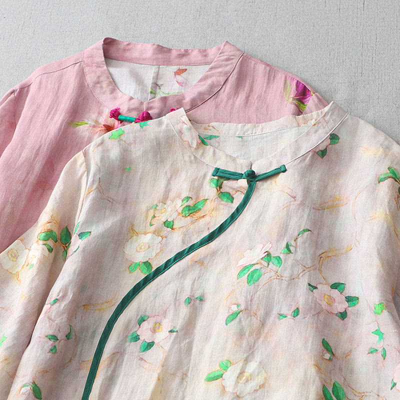Buddha Stones Casual Flower Pattern Frog-Button Short Sleeve Cotton Linen Women's Maxi Dress With Pockets