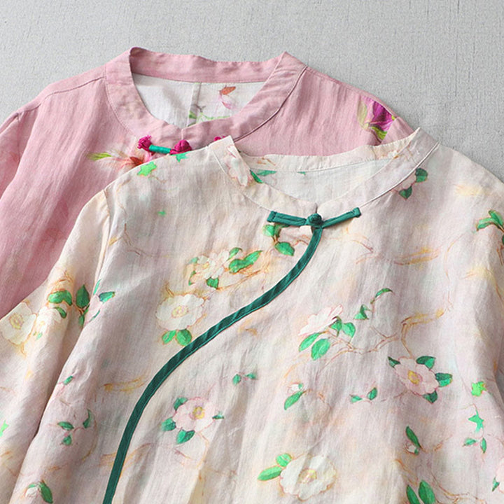 Buddha Stones Casual Flower Pattern Frog-Button Short Sleeve Cotton Linen Women's Maxi Dress With Pockets