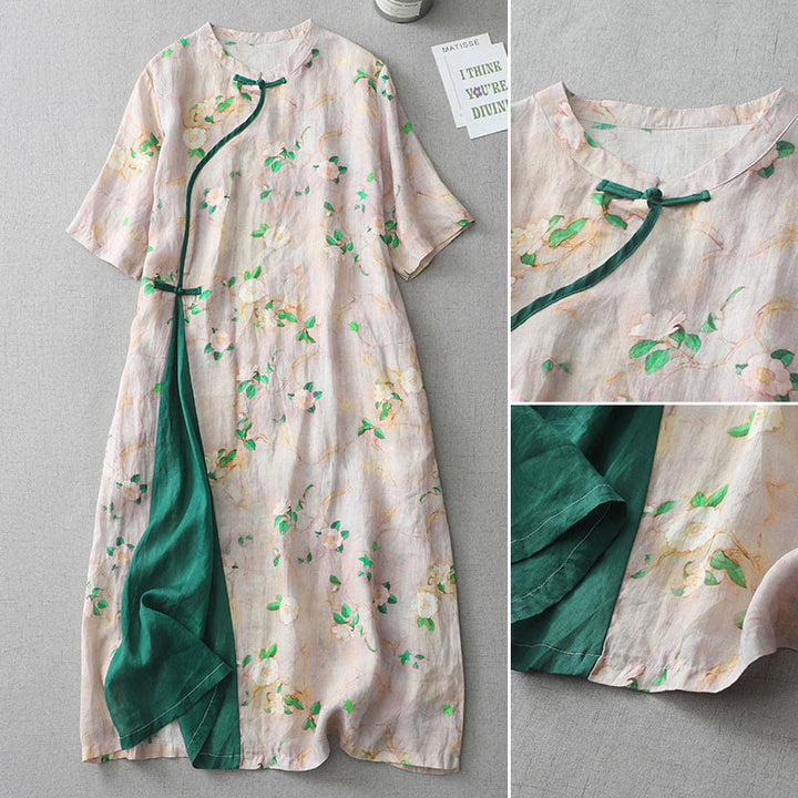 Buddha Stones Casual Flower Pattern Frog-Button Short Sleeve Cotton Linen Women's Maxi Dress With Pockets