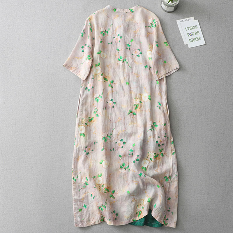 Buddha Stones Casual Flower Pattern Frog-Button Short Sleeve Cotton Linen Women's Maxi Dress With Pockets