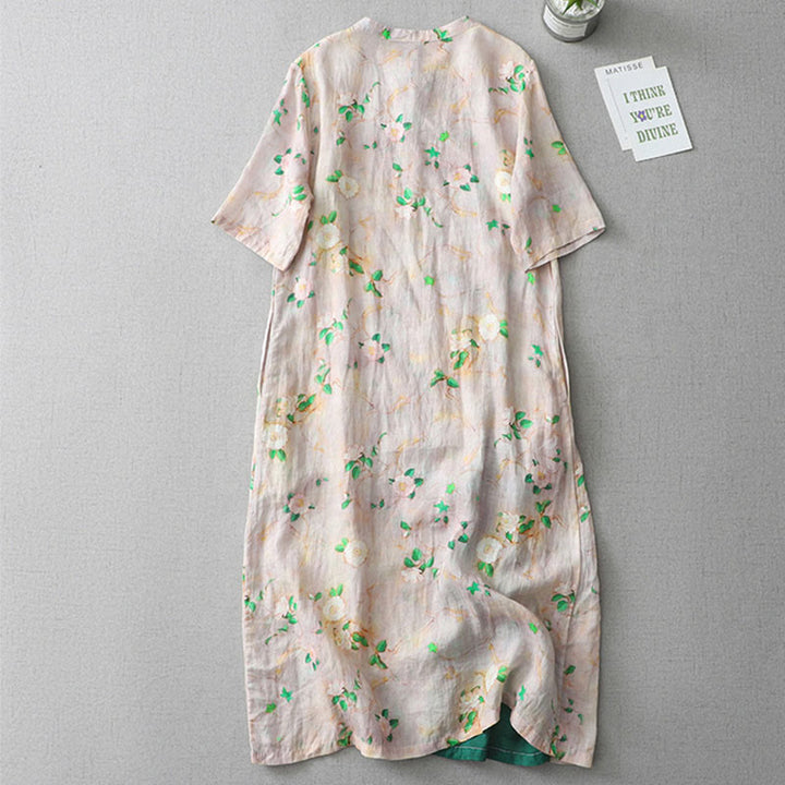Buddha Stones Casual Flower Pattern Frog-Button Short Sleeve Cotton Linen Women's Maxi Dress With Pockets
