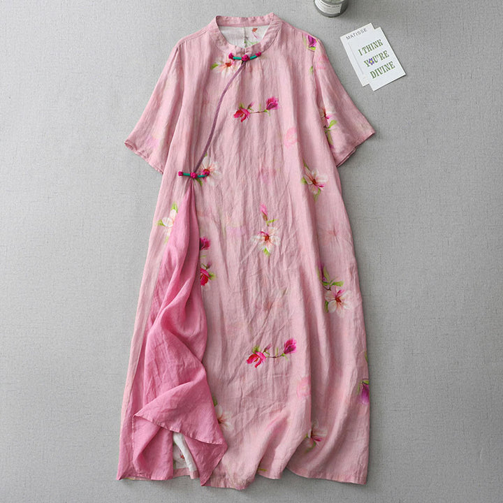 Buddha Stones Casual Flower Pattern Frog-Button Short Sleeve Cotton Linen Women's Maxi Dress With Pockets
