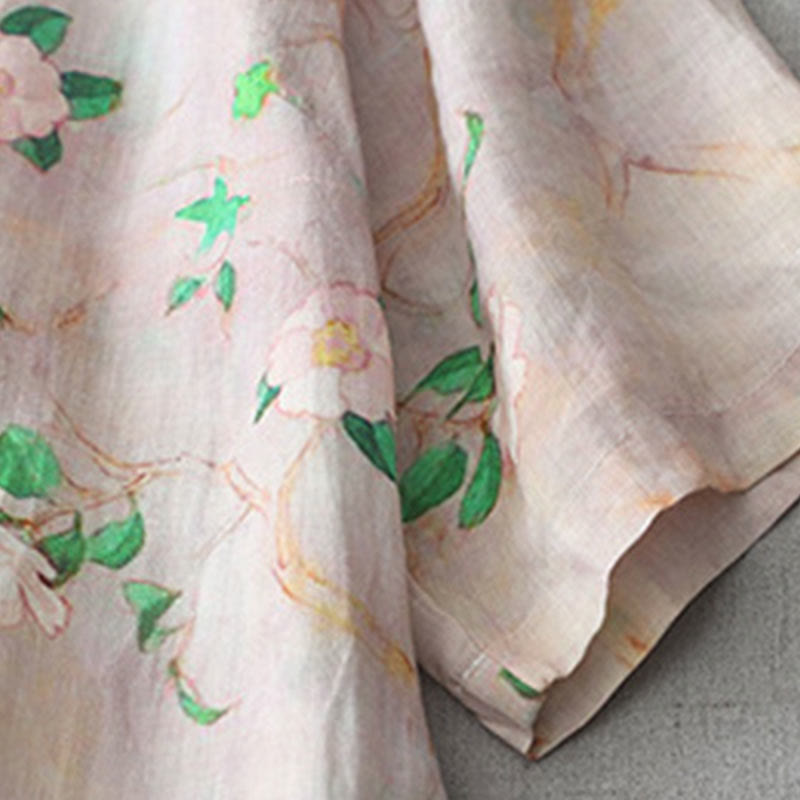 Buddha Stones Casual Flower Pattern Frog-Button Short Sleeve Cotton Linen Women's Maxi Dress With Pockets