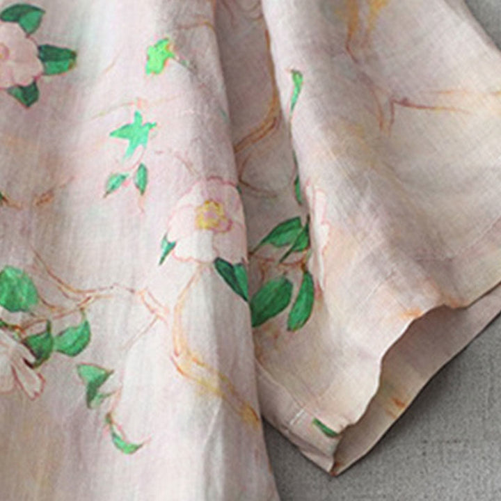 Buddha Stones Casual Flower Pattern Frog-Button Short Sleeve Cotton Linen Women's Maxi Dress With Pockets