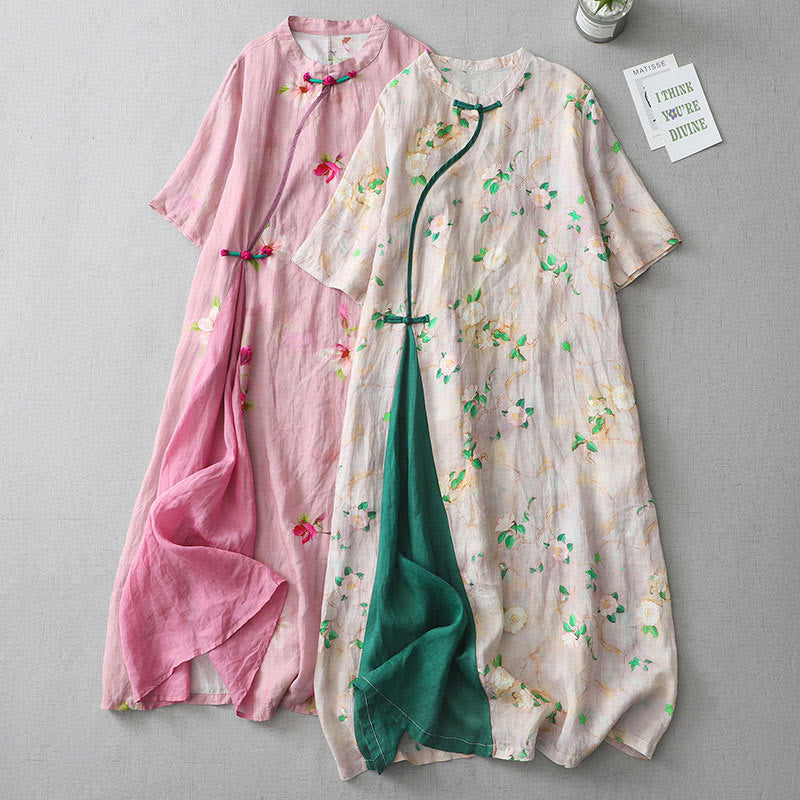 Buddha Stones Casual Flower Pattern Frog-Button Short Sleeve Cotton Linen Women's Maxi Dress With Pockets