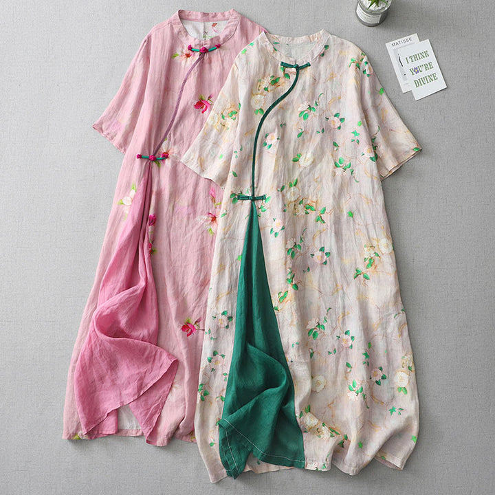 Buddha Stones Casual Flower Pattern Frog-Button Short Sleeve Cotton Linen Women's Maxi Dress With Pockets