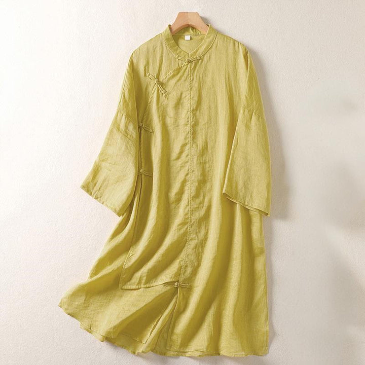 Buddha Stones Plain Frog-Button Long Sleeve Cotton Linen Women's Maxi Dress With Pockets
