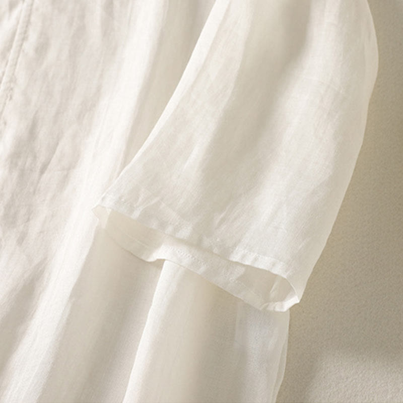 Buddha Stones Plain Frog-Button Long Sleeve Cotton Linen Women's Maxi Dress With Pockets