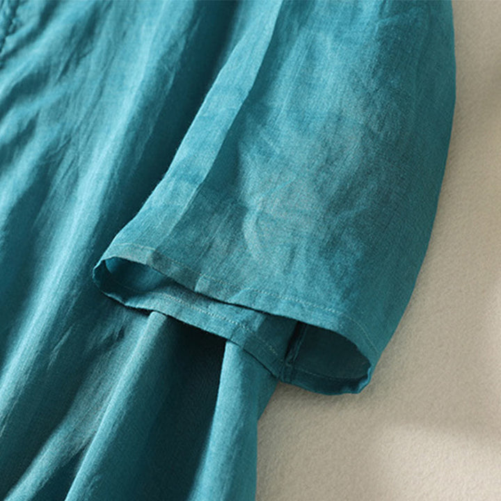 Buddha Stones Plain Frog-Button Long Sleeve Cotton Linen Women's Maxi Dress With Pockets
