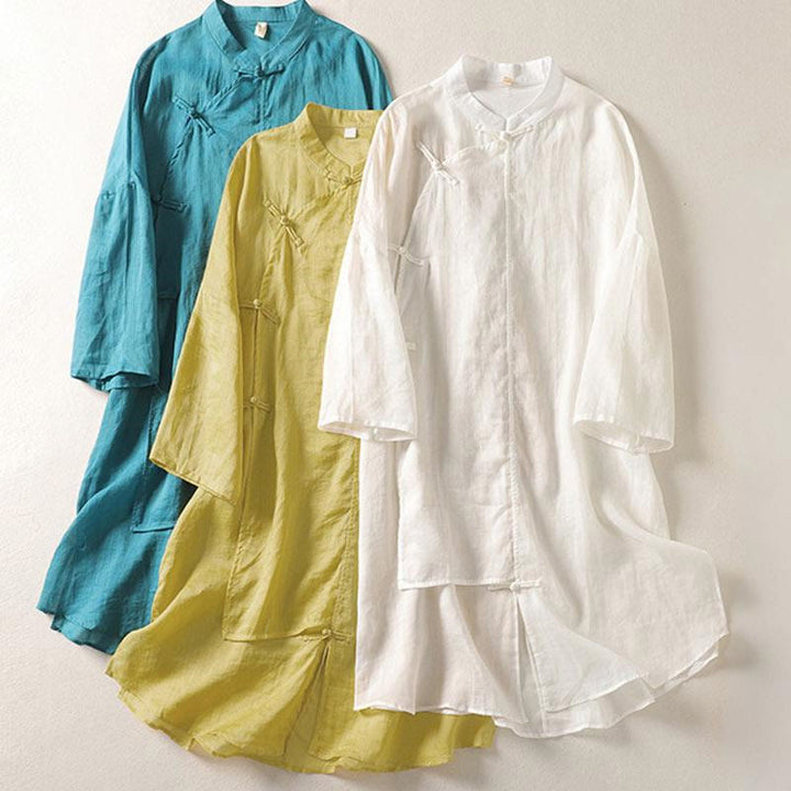Buddha Stones Plain Frog-Button Long Sleeve Cotton Linen Women's Maxi Dress With Pockets