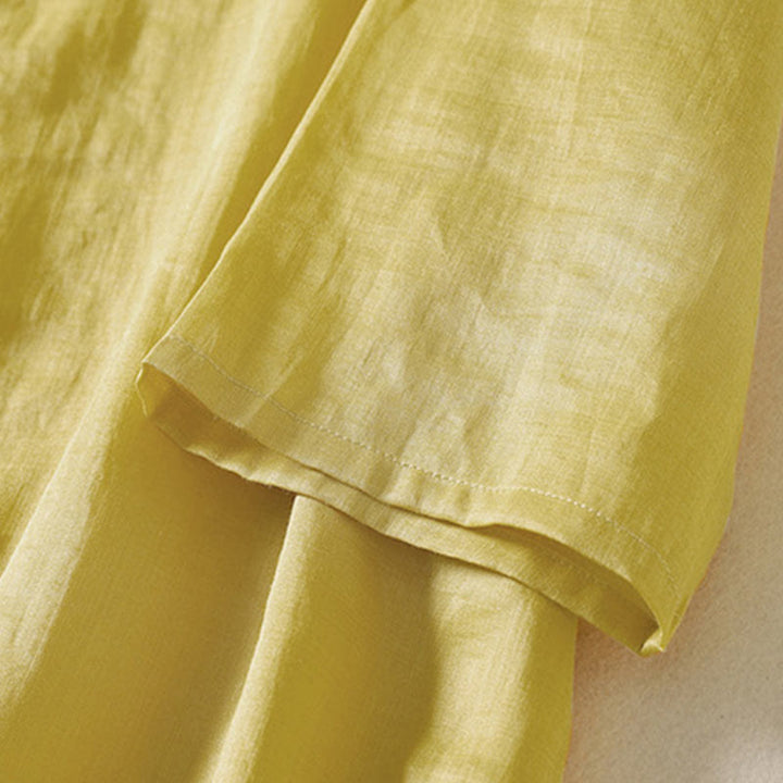 Buddha Stones Plain Frog-Button Long Sleeve Cotton Linen Women's Maxi Dress With Pockets
