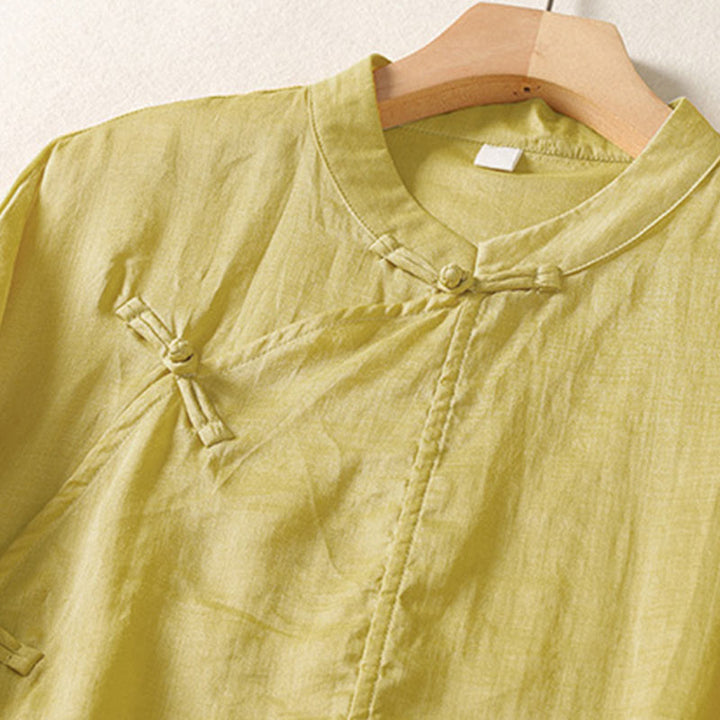 Buddha Stones Plain Frog-Button Long Sleeve Cotton Linen Women's Maxi Dress With Pockets