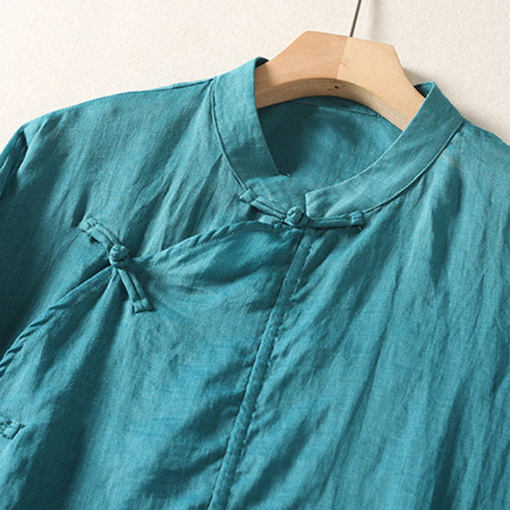 Buddha Stones Plain Frog-Button Long Sleeve Cotton Linen Women's Maxi Dress With Pockets