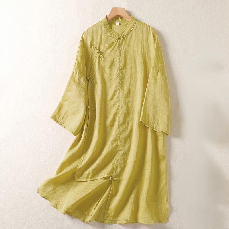 Buddha Stones Plain Frog-Button Long Sleeve Cotton Linen Women's Midi Dress - Khaki - US8-10，UK/AU12-14，EU40-42 (2XL) - image 1