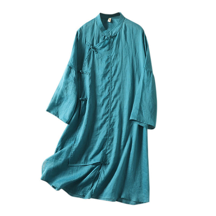 Buddha Stones Plain Frog-Button Long Sleeve Cotton Linen Women's Maxi Dress With Pockets