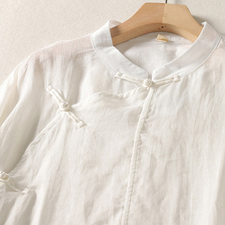 Buddha Stones Plain Frog-Button Long Sleeve Cotton Linen Women's Midi Dress - image 11
