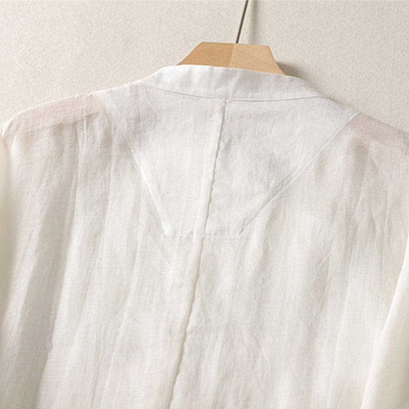 Buddha Stones Plain Frog-Button Long Sleeve Cotton Linen Women's Maxi Dress With Pockets