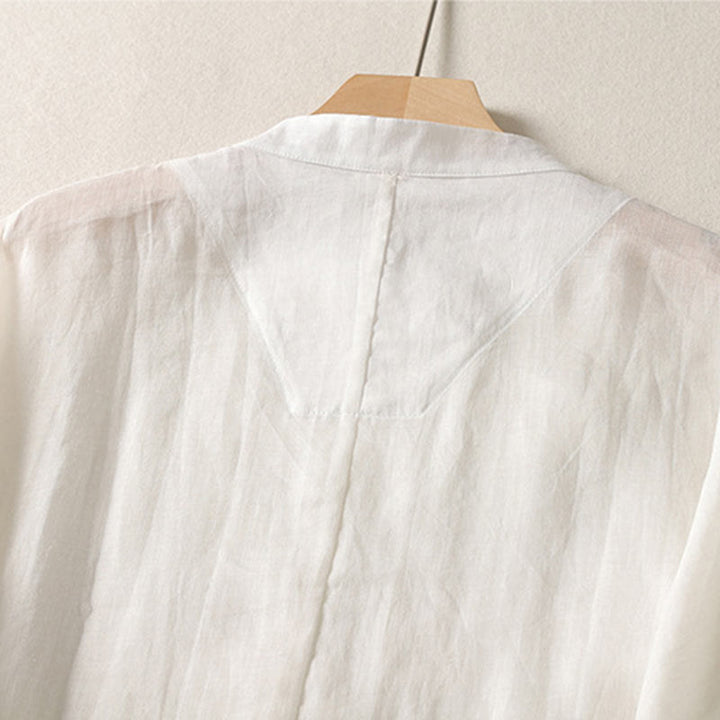 Buddha Stones Plain Frog-Button Long Sleeve Cotton Linen Women's Maxi Dress With Pockets