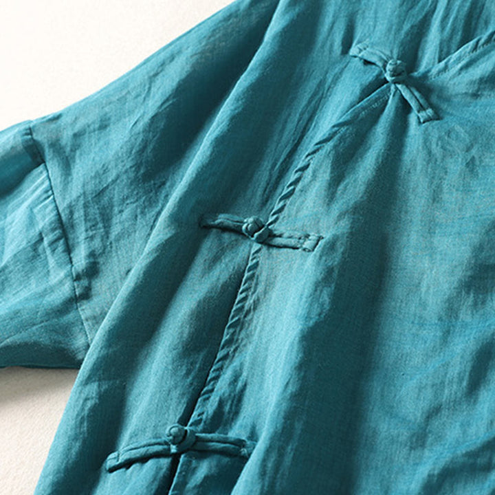 Buddha Stones Plain Frog-Button Long Sleeve Cotton Linen Women's Maxi Dress With Pockets