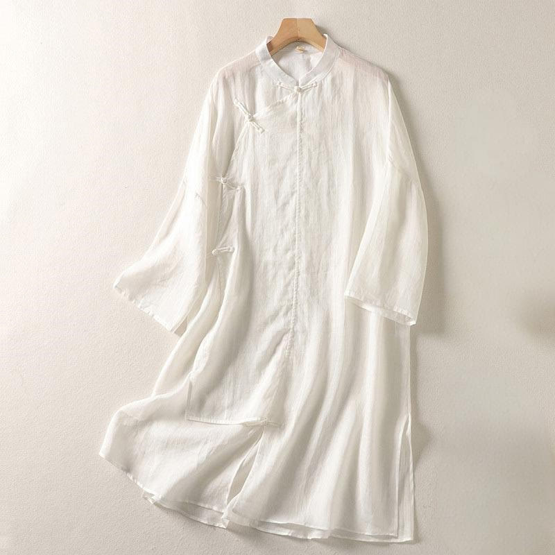 Buddha Stones Plain Frog-Button Long Sleeve Cotton Linen Women's Maxi Dress With Pockets