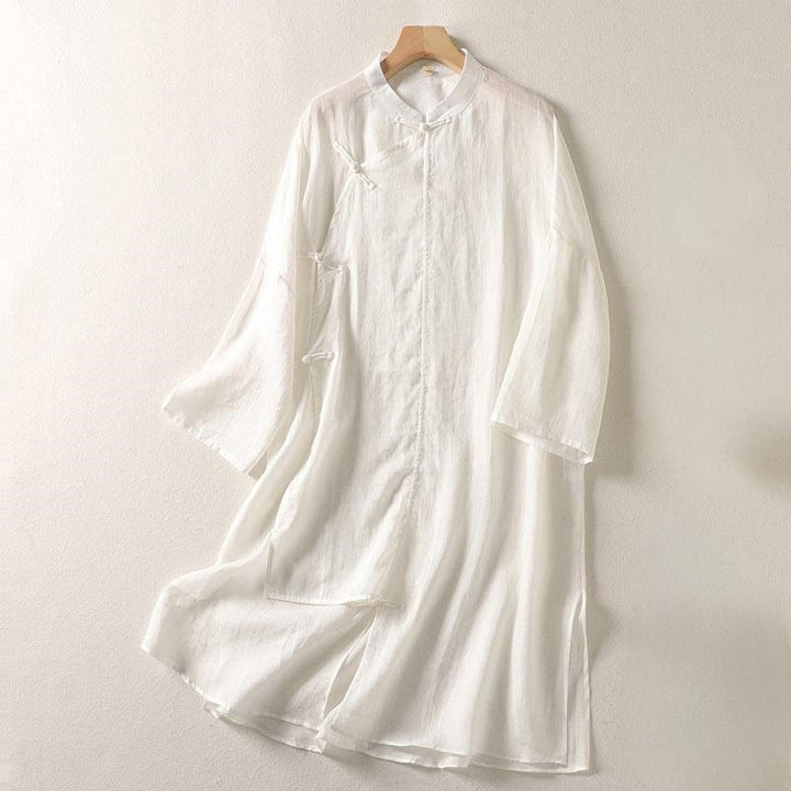 Buddha Stones Plain Frog-Button Long Sleeve Cotton Linen Women's Maxi Dress With Pockets