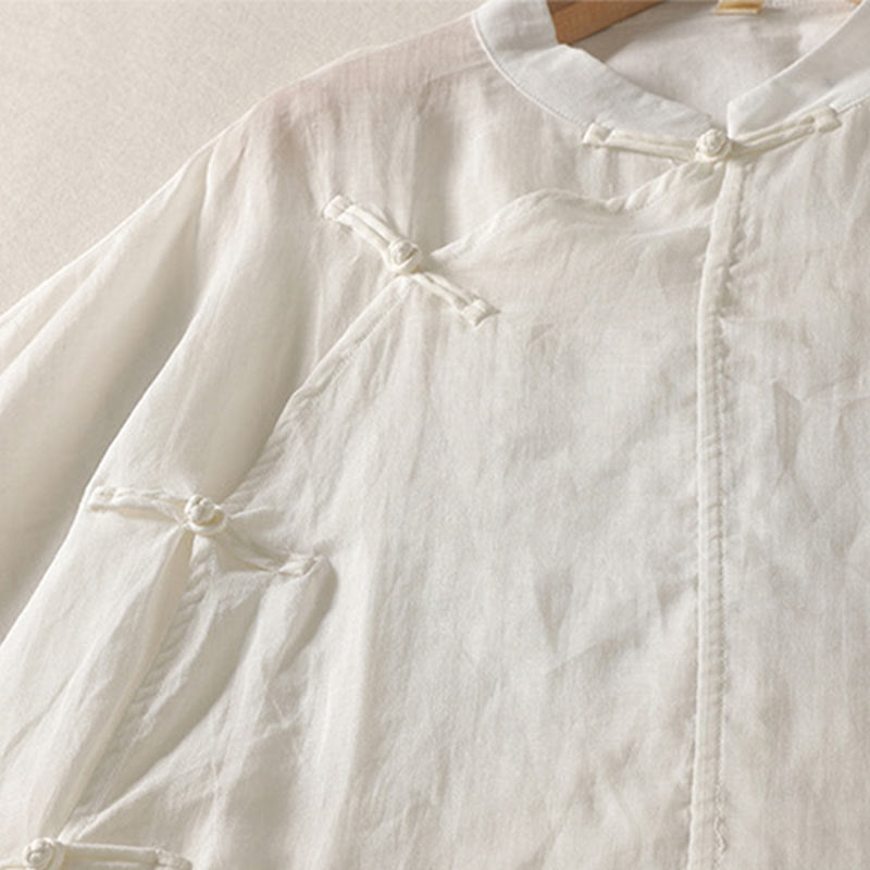Buddha Stones Plain Frog-Button Long Sleeve Cotton Linen Women's Maxi Dress With Pockets