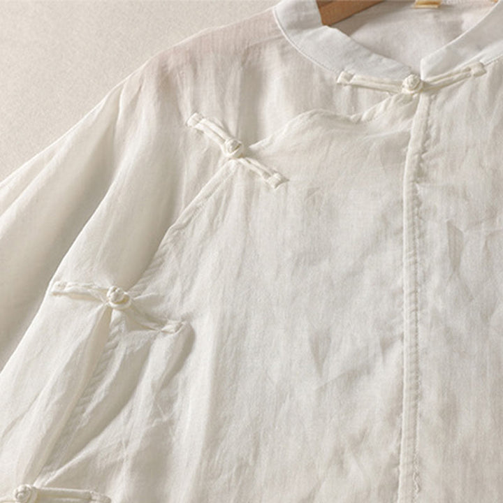 Buddha Stones Plain Frog-Button Long Sleeve Cotton Linen Women's Maxi Dress With Pockets