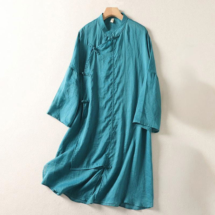 Buddha Stones Plain Frog-Button Long Sleeve Cotton Linen Women's Maxi Dress With Pockets