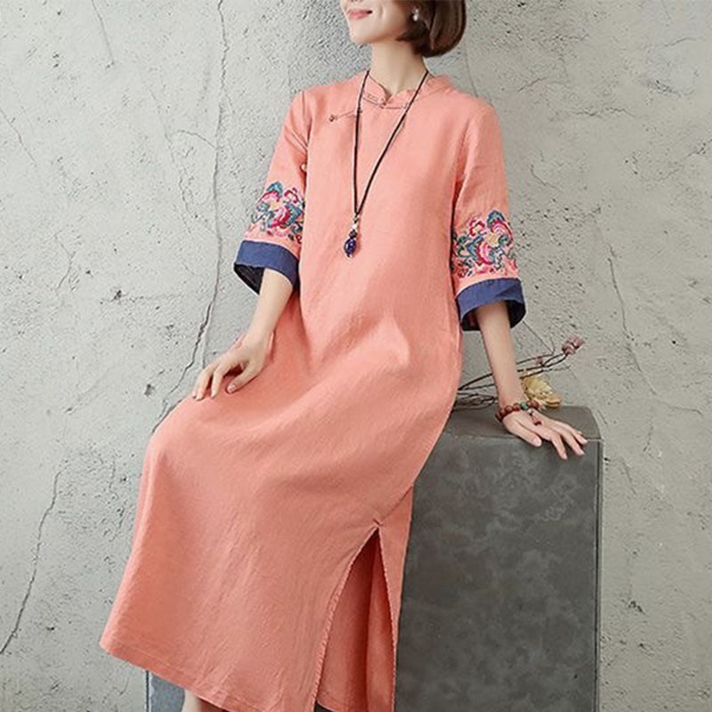 Buddha Stones Embroidery Frog-Button Half Sleeve Cotton Linen Women's Maxi Dress With Pockets