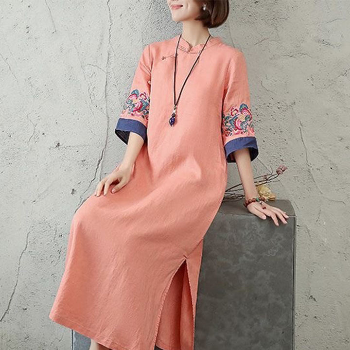 Buddha Stones Embroidery Frog-Button Half Sleeve Cotton Linen Women's Maxi Dress With Pockets
