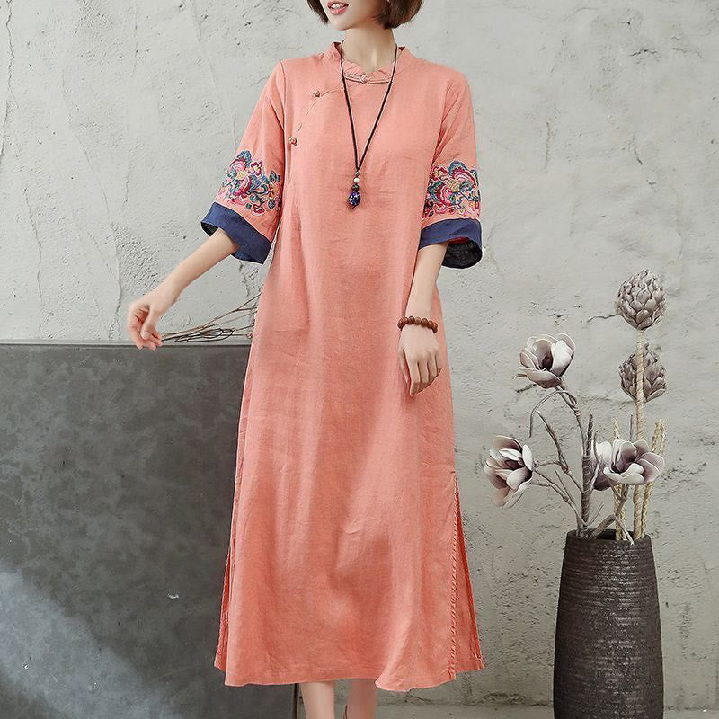 Buddha Stones Embroidery Frog-Button Half Sleeve Cotton Linen Women's Midi Dress - LightSalmon - US14，UK/AU18，EU46 (4XL) - image 1
