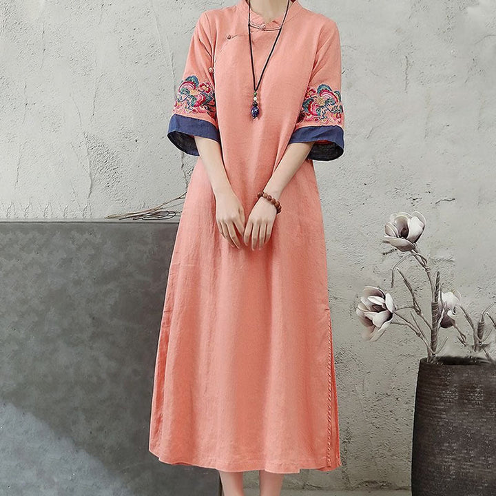 Buddha Stones Embroidery Frog-Button Half Sleeve Cotton Linen Women's Maxi Dress With Pockets