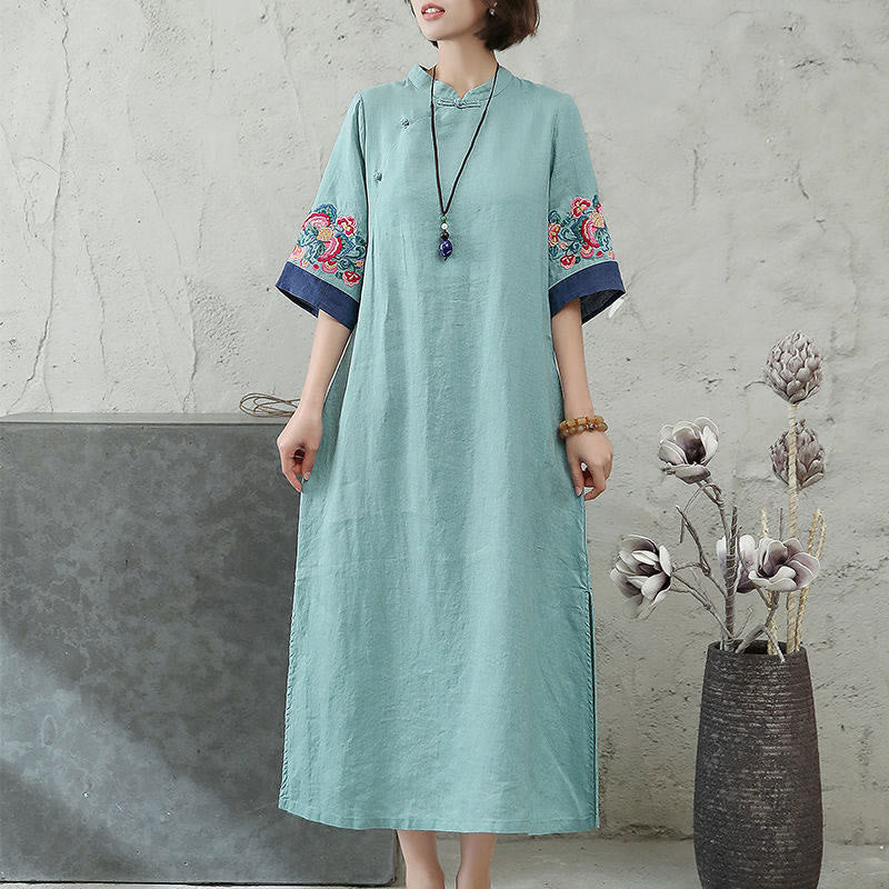 Buddha Stones Embroidery Frog-Button Half Sleeve Cotton Linen Women's Maxi Dress With Pockets