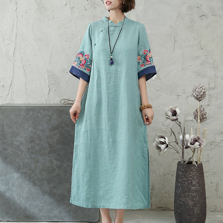 Buddha Stones Embroidery Frog-Button Half Sleeve Cotton Linen Women's Maxi Dress With Pockets