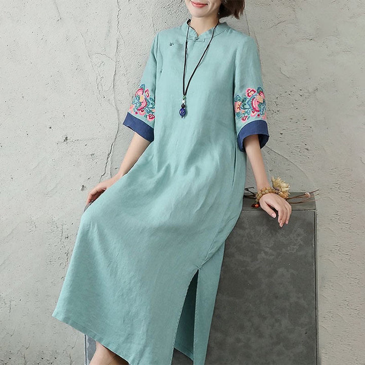 Buddha Stones Embroidery Frog-Button Half Sleeve Cotton Linen Women's Maxi Dress With Pockets