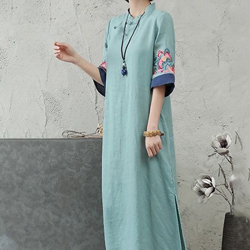 Buddha Stones Embroidery Frog-Button Half Sleeve Cotton Linen Women's Maxi Dress With Pockets
