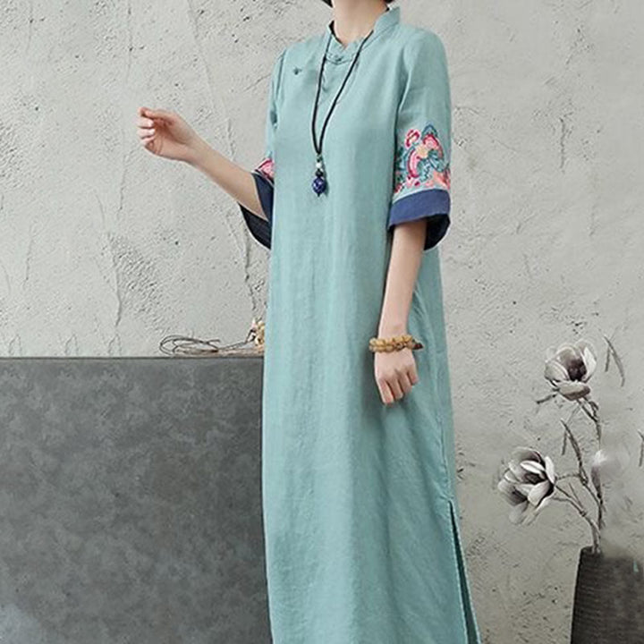 Buddha Stones Embroidery Frog-Button Half Sleeve Cotton Linen Women's Maxi Dress With Pockets