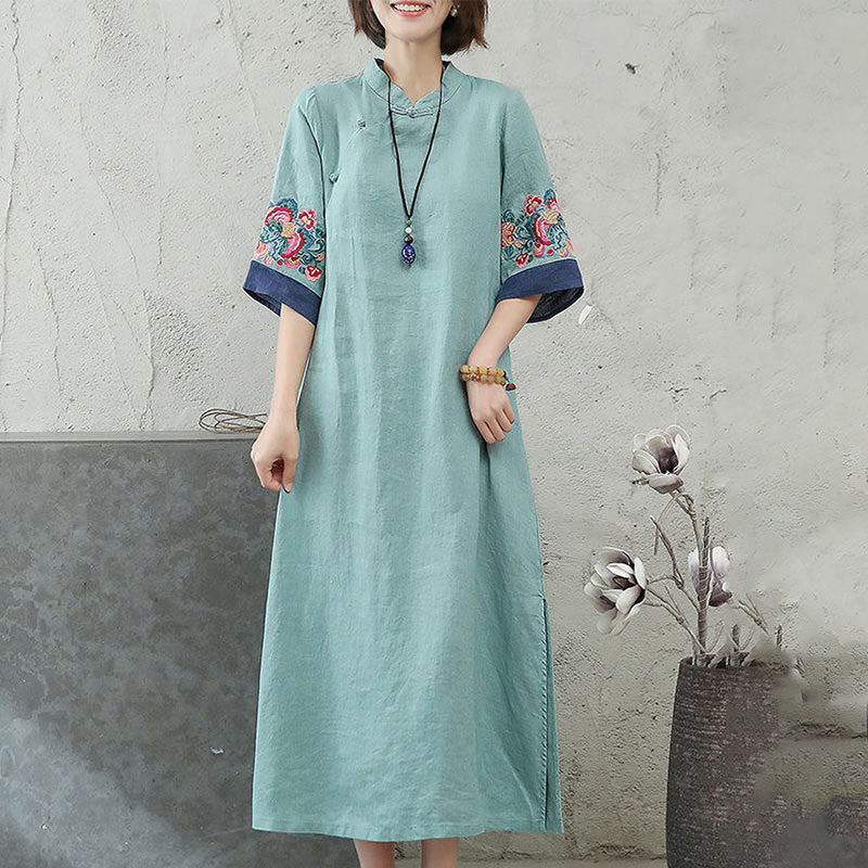 Buddha Stones Embroidery Frog-Button Half Sleeve Cotton Linen Women's Maxi Dress With Pockets