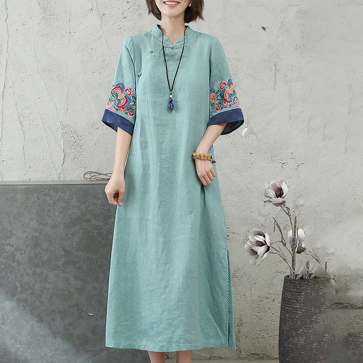 Buddha Stones Embroidery Frog-Button Half Sleeve Cotton Linen Women's Maxi Dress With Pockets